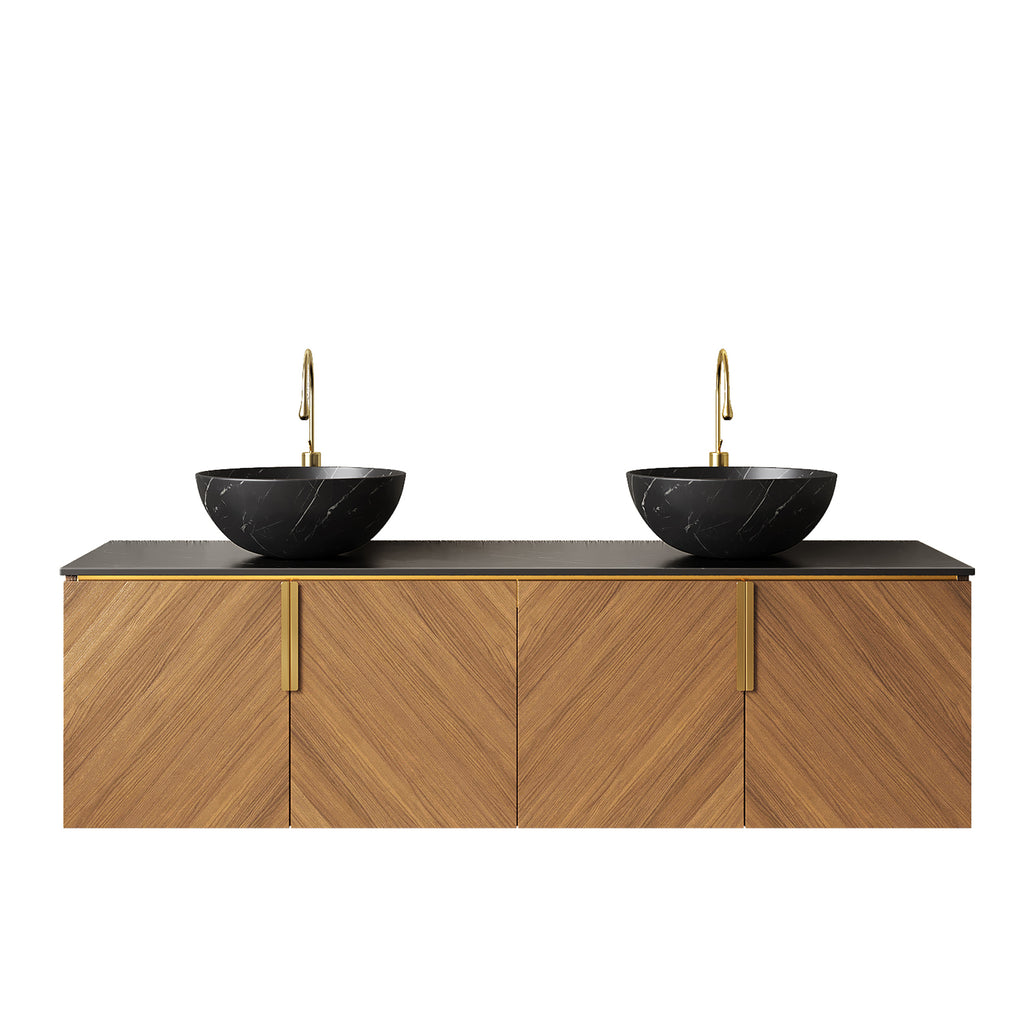 Arai floating bathroom vanity by Anthony & Home featuring a sleek black sintered stone countertop and modern design.