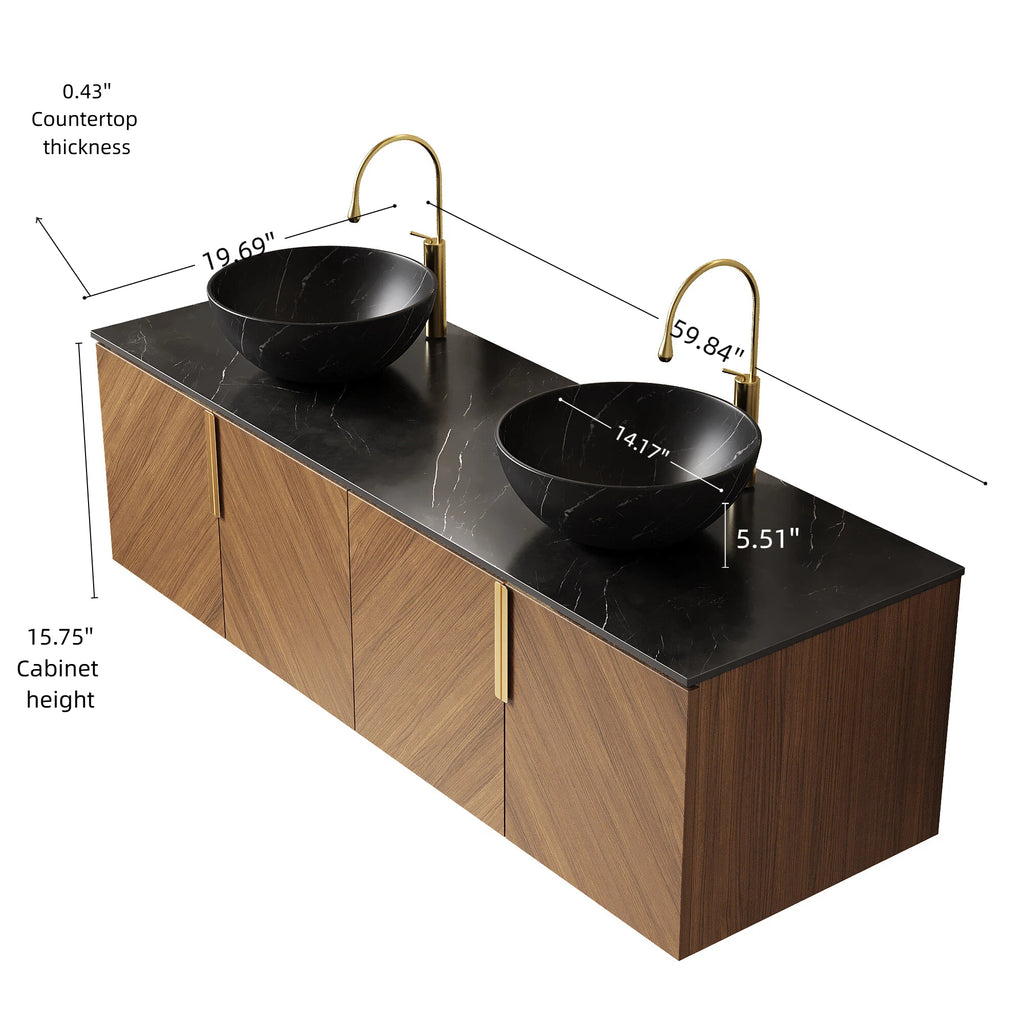 Arai floating bathroom vanity by Anthony & Home with black sintered stone countertop and sleek modern design.