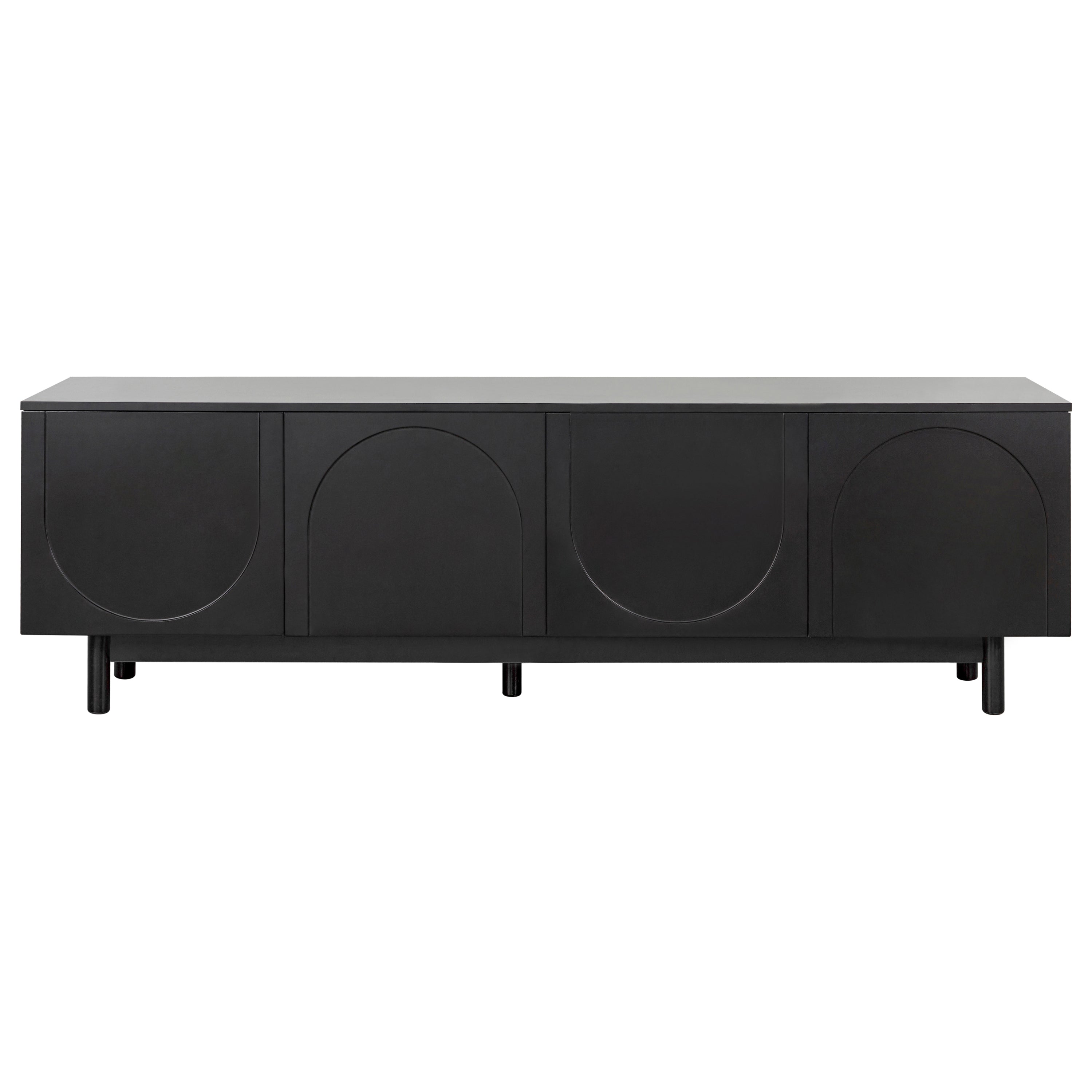 Anthony & Home arch cabinet TV stand with solid wood legs, suitable for up to 78-inch TVs, in a modern studio setting.