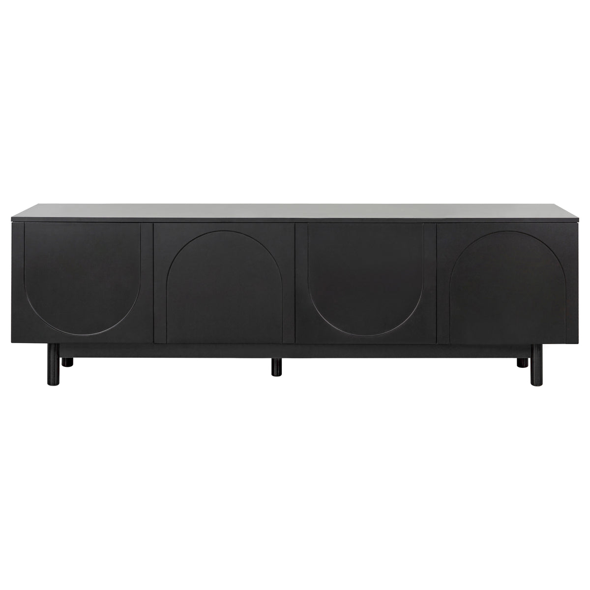 Anthony & Home arch cabinet TV stand with solid wood legs, suitable for up to 78-inch TVs, in a modern studio setting.