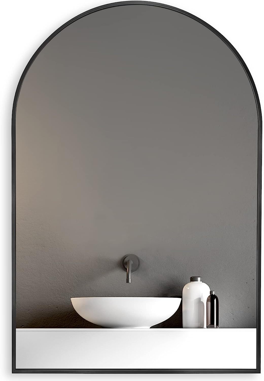 Black aluminum arched bathroom mirror, 20x30 inches with sleek design, by Anthony & Home in the Atelier collection.