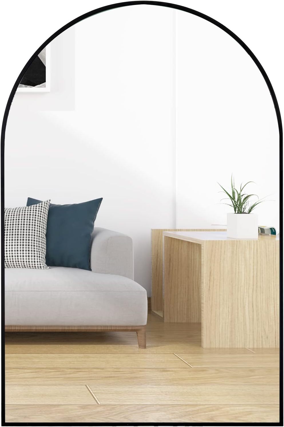 Arched black aluminum bathroom mirror with 20x30 size, modern design by Anthony & Home, mounted on a wall in a bathroom setting.