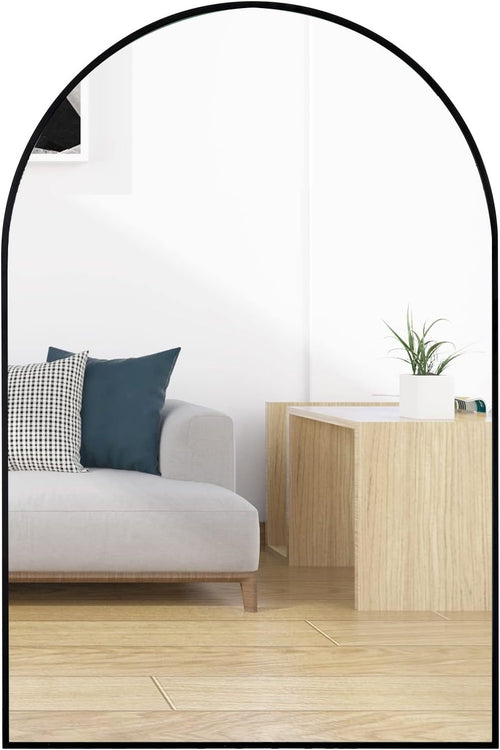 Arched black aluminum bathroom mirror by Anthony & Home, 20x30 inches, modern design with sleek black frame.