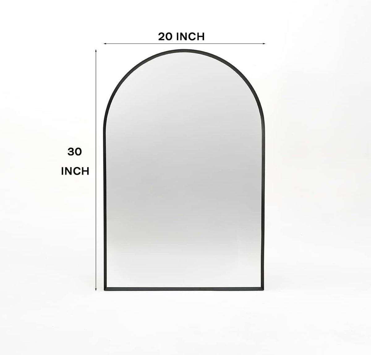 Arched black aluminum bathroom mirror measuring 20x30 inches with sleek modern design.
