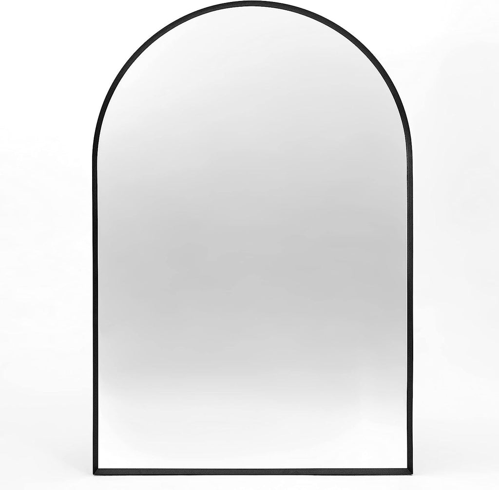 Arched black aluminum bathroom mirror, 20x30 inches, sleek modern design by Anthony & Home, mounted on a bathroom wall