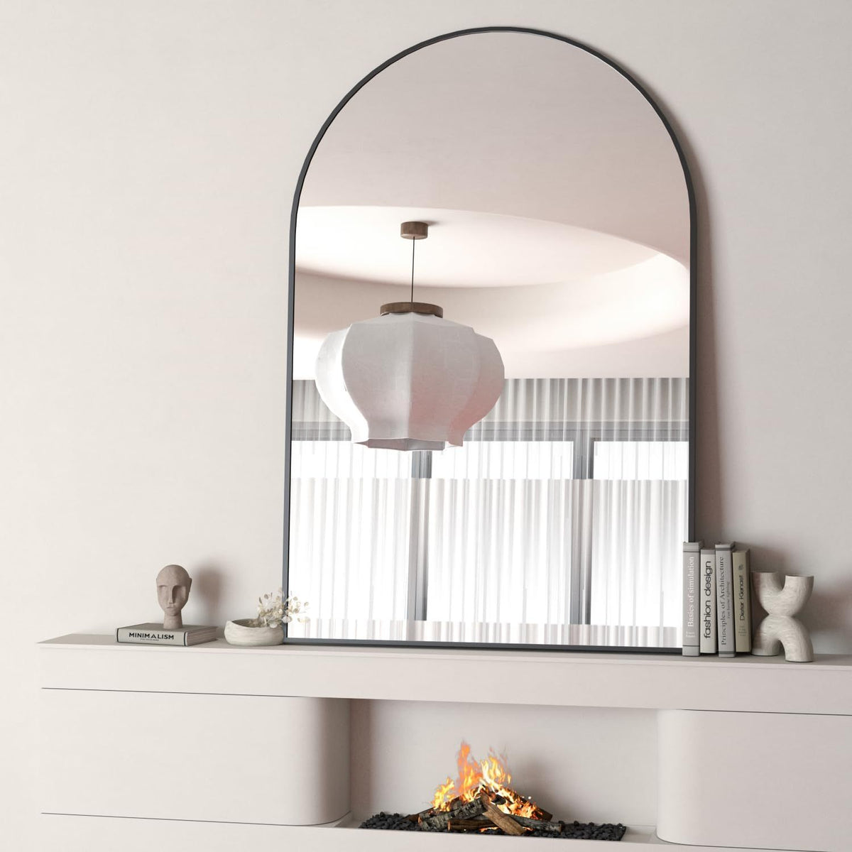 Black aluminum arched bathroom mirror with sleek frame, designed for modern bathroom decor by Anthony & Home.