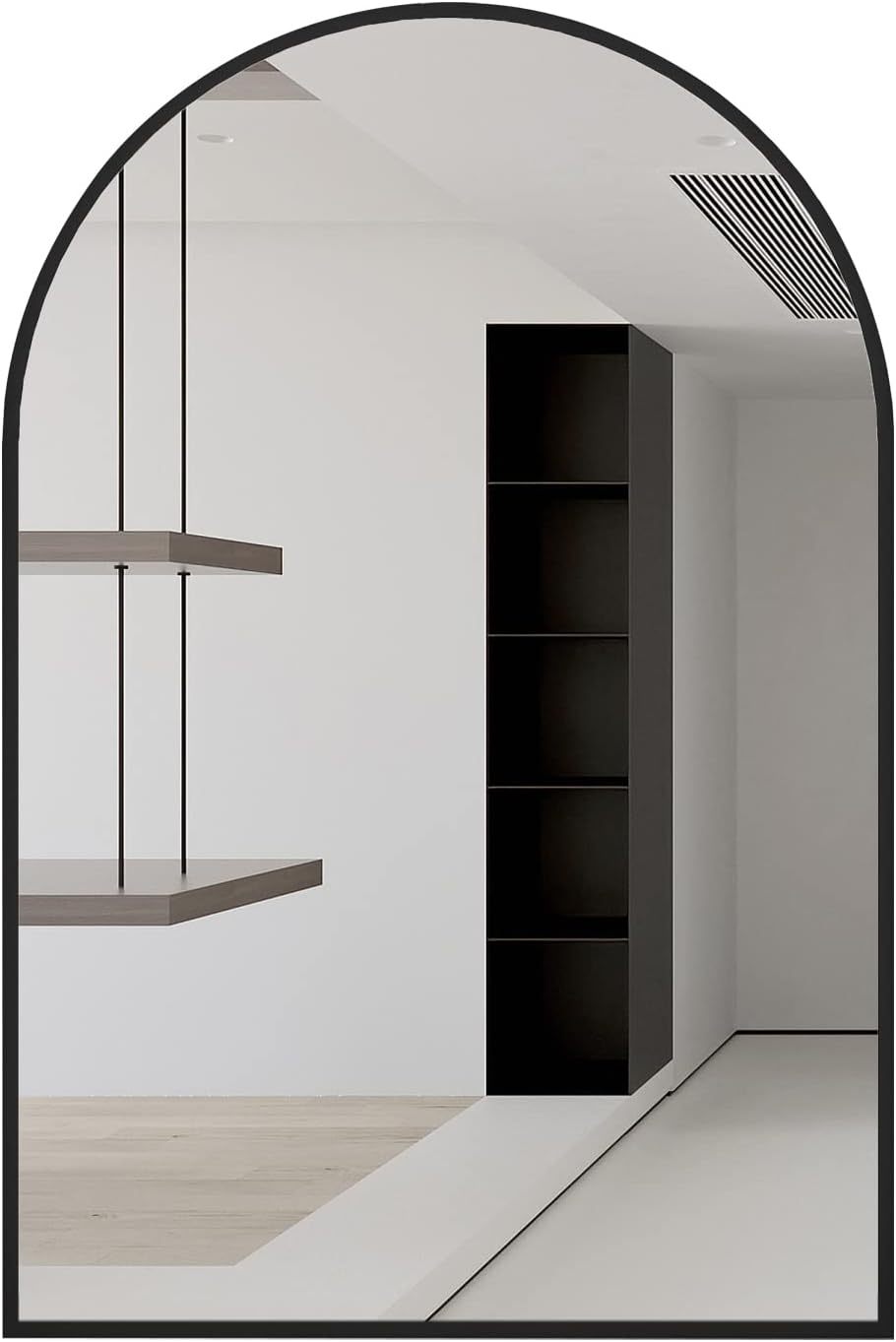 Arched black aluminum bathroom mirror with sleek frame, showcasing modern design and reflective glass surface.
