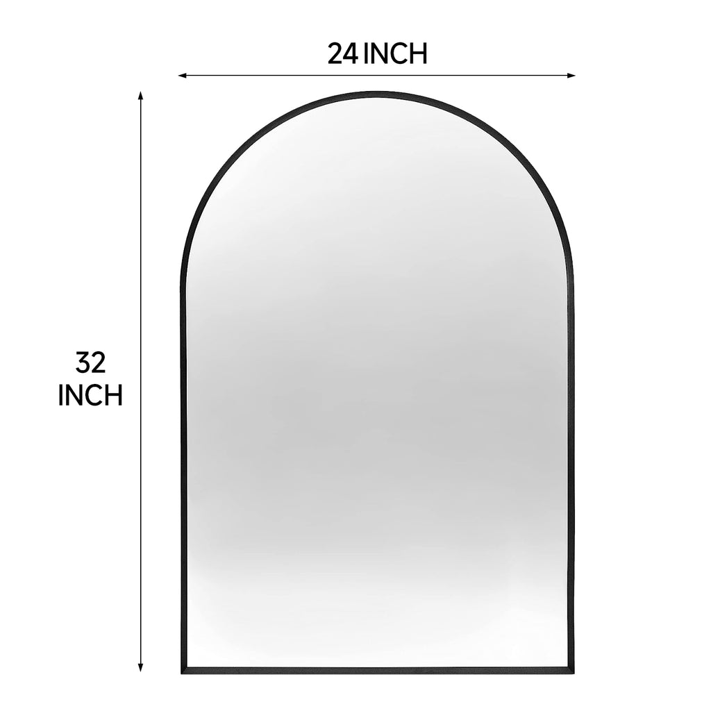 Arched black aluminum frame bathroom mirror with sleek modern design, hanging on a bathroom wall.