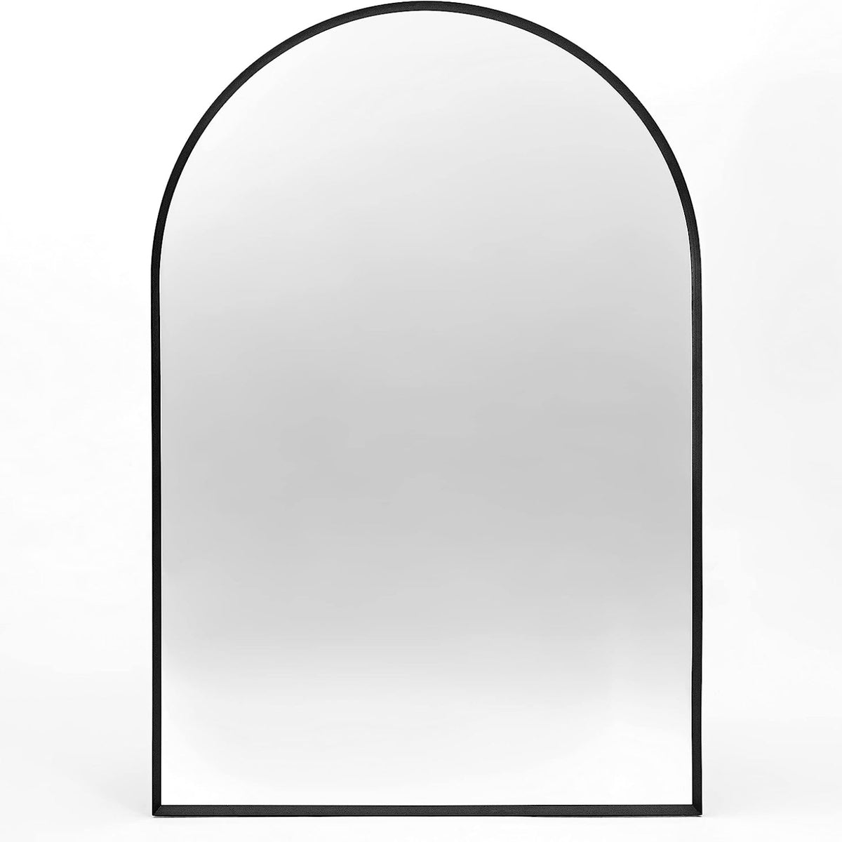 Arched black aluminum bathroom mirror with sleek frame, modern design, wall-mounted style, by Anthony & Home.