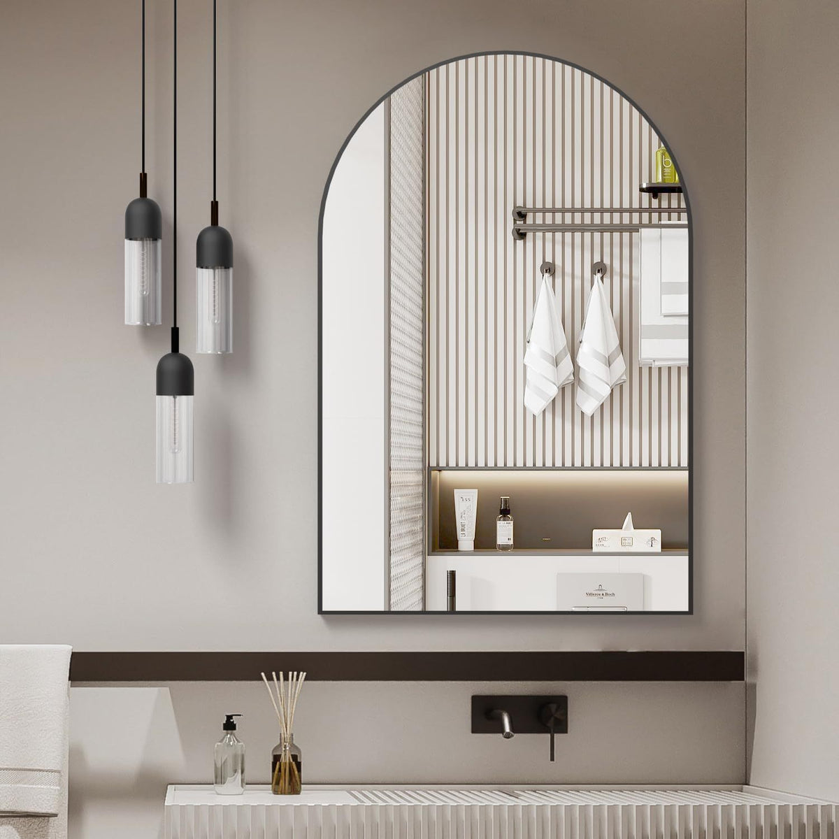 Arched black metal bathroom mirror with brushed aluminum frame, wall mount, limited edition by Anthony & Home