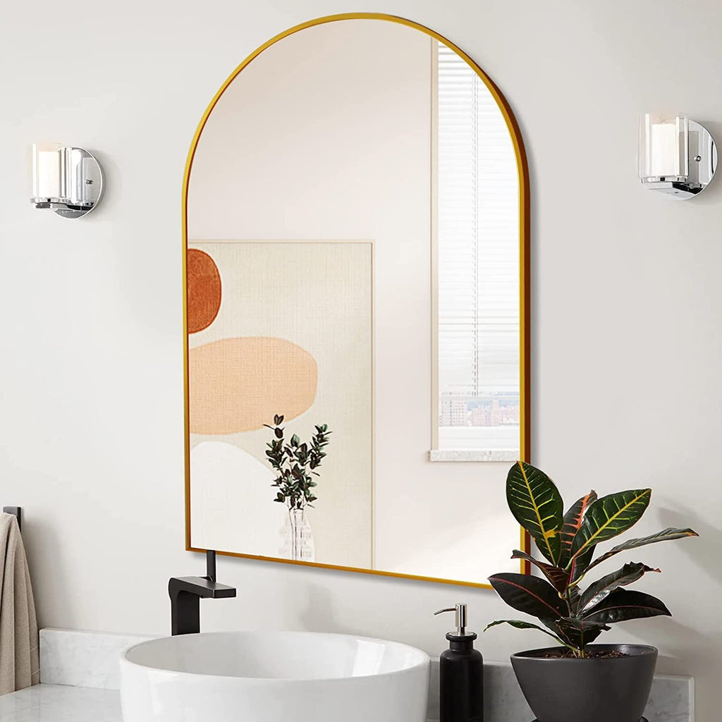 Arched gold metal mirror from Anthony & Home Classic Collection with a sleek, elegant frame and reflective surface.