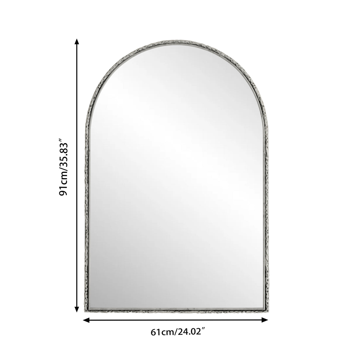 Arched silver mirror with tempered glass frame by Anthony & Home, reflecting a modern, stylish design suitable for contemporary decor.