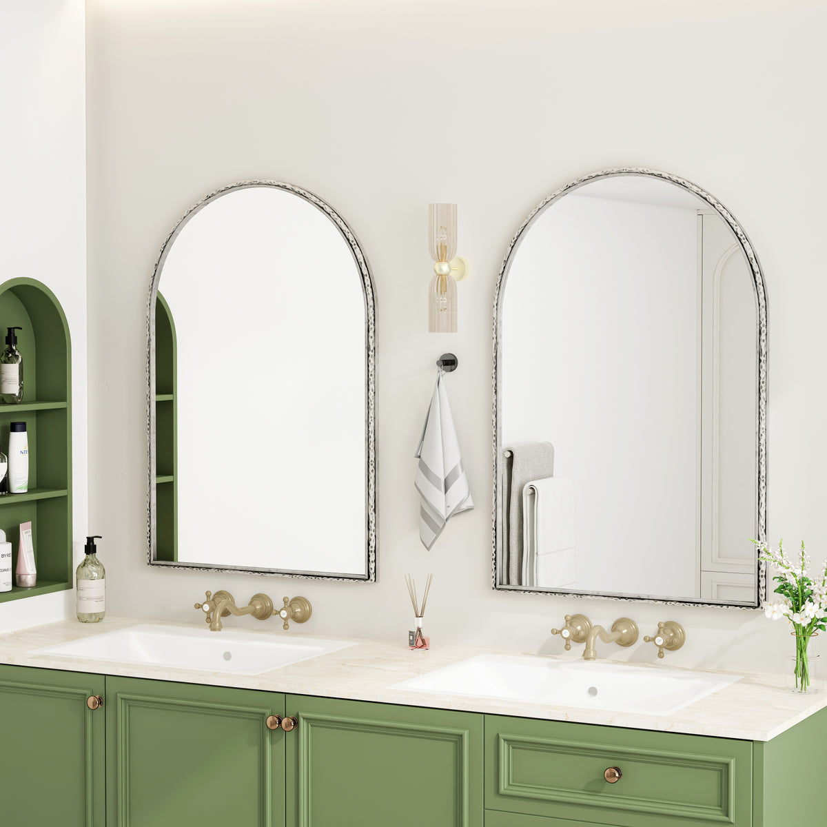 Arched silver mirror with tempered glass frame from Anthony & Home, showcasing a modern, elegant design with reflective surface.