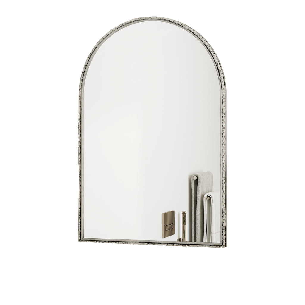 Arched silver mirror with tempered glass frame from Anthony & Home, showcasing a sleek, modern design and reflective surface.