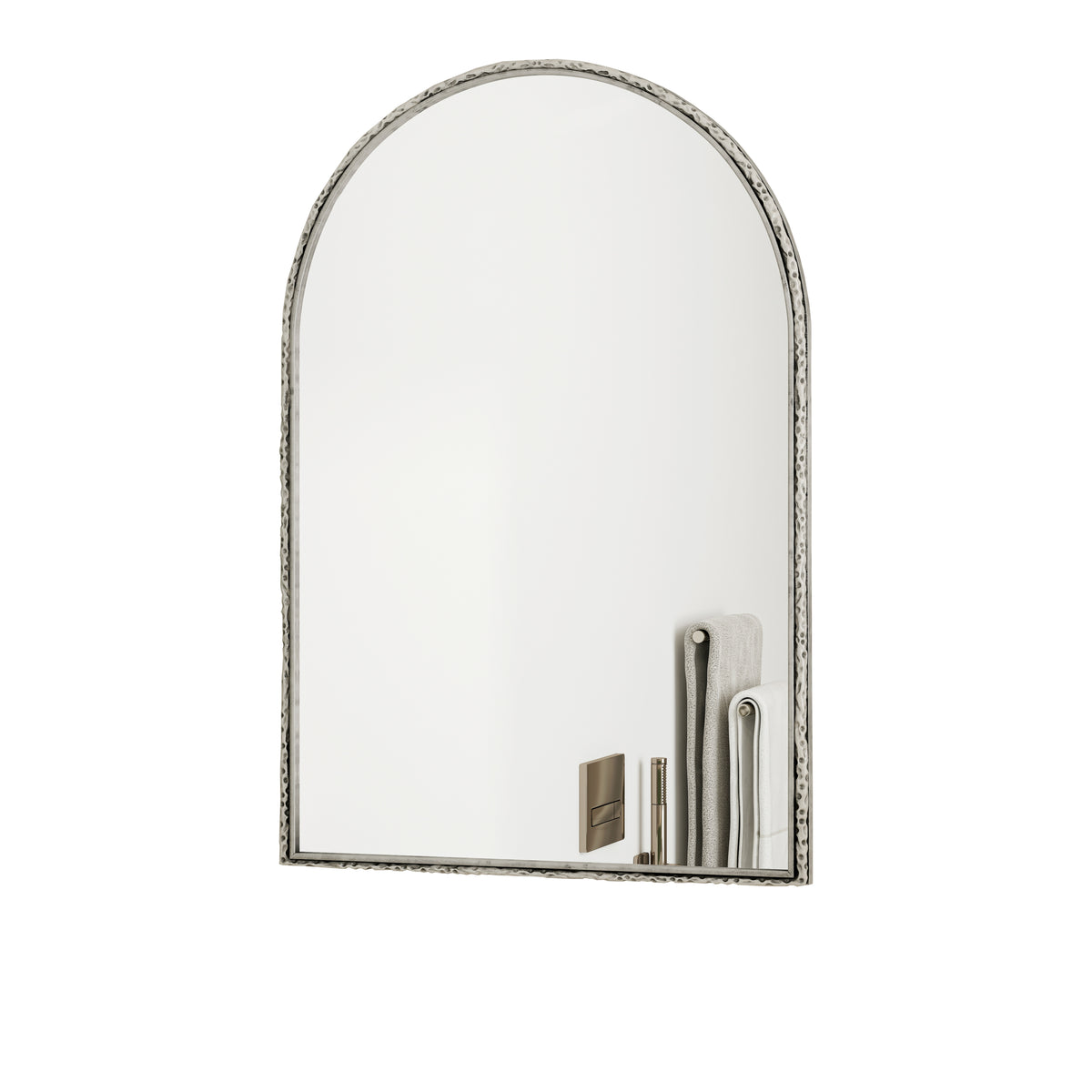 Arched silver mirror with tempered glass frame from Anthony & Home, showcasing a sleek, modern design and reflective surface.