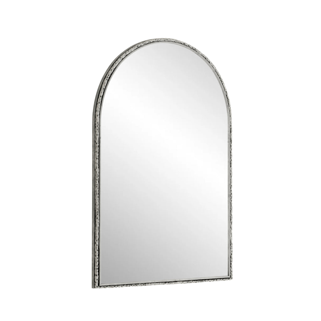 Arched silver mirror with tempered glass frame by Anthony & Home, showcasing a sleek, modern design and reflective surface.
