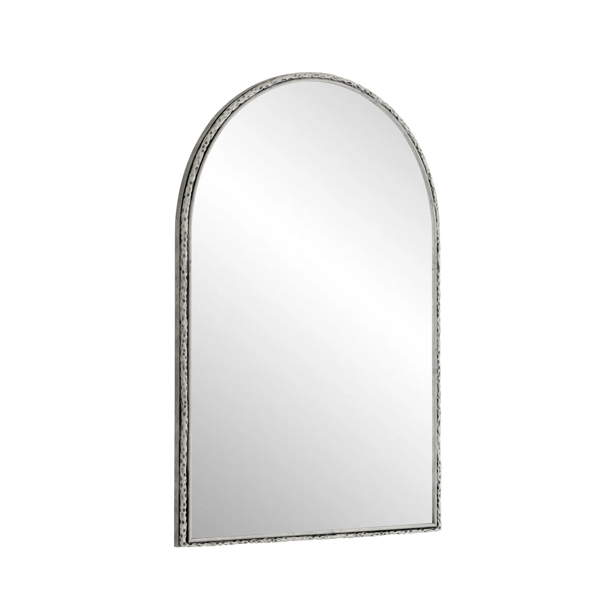Arched silver mirror with tempered glass frame by Anthony & Home, showcasing a sleek, modern design and reflective surface.