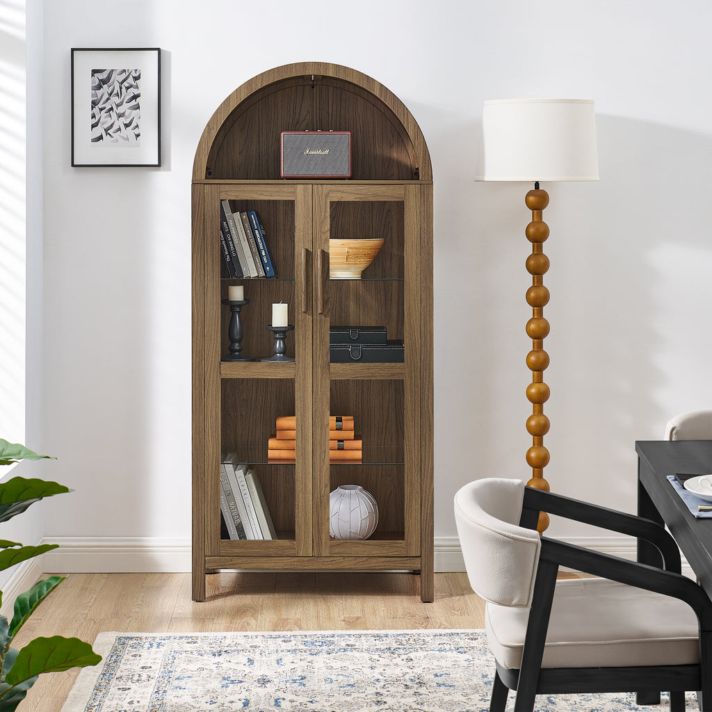 Walnut arched storage cabinet with integrated lamp from Anthony & Home, featuring elegant design and ample storage space.