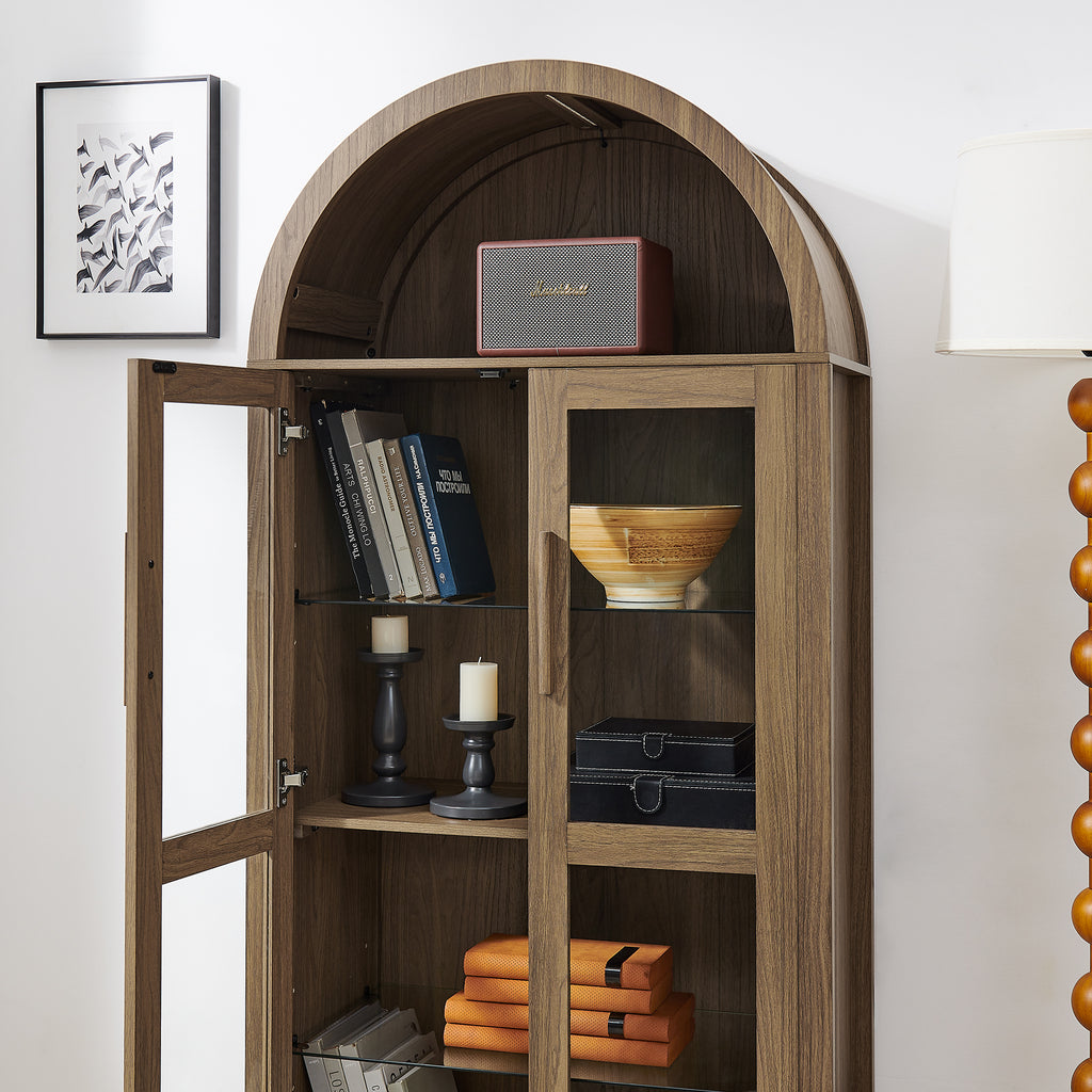 Arched walnut storage cabinet with built-in lamp from Anthony & Home, showcasing a stylish wooden design and elegant arch detail.