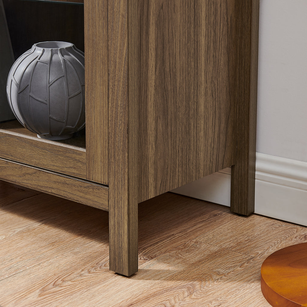 Arched walnut storage cabinet with integrated lamp from Anthony & Home, showcasing elegant wood finish and modern design.