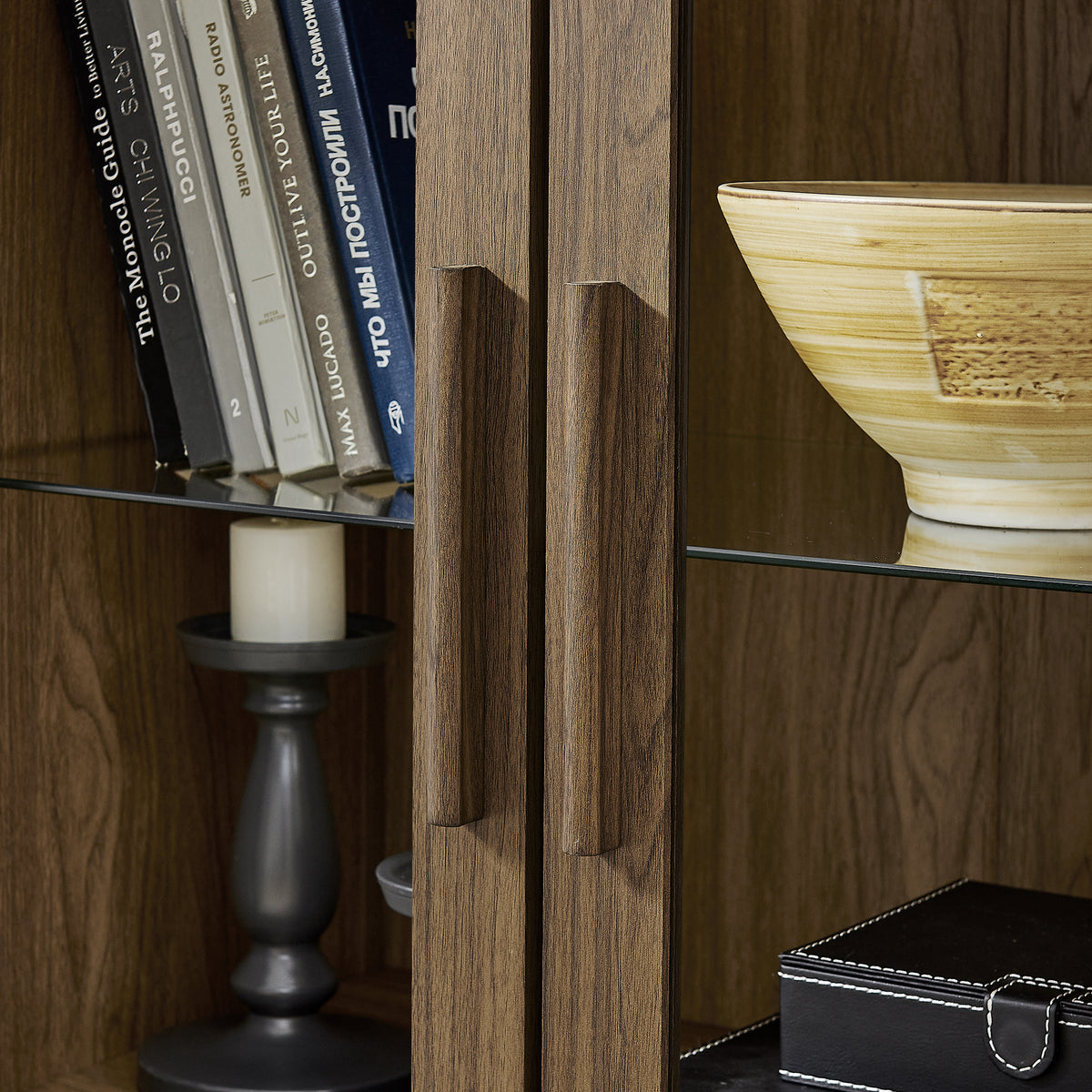 Anthony & Home arched walnut storage cabinet with integrated lamp, modern wooden furniture with sleek arch design.