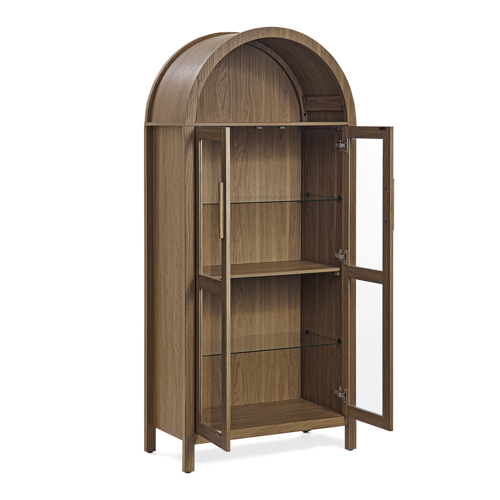 Arched walnut storage cabinet with a built-in lamp by Anthony & Home, showcasing elegant wood finish and modern design.