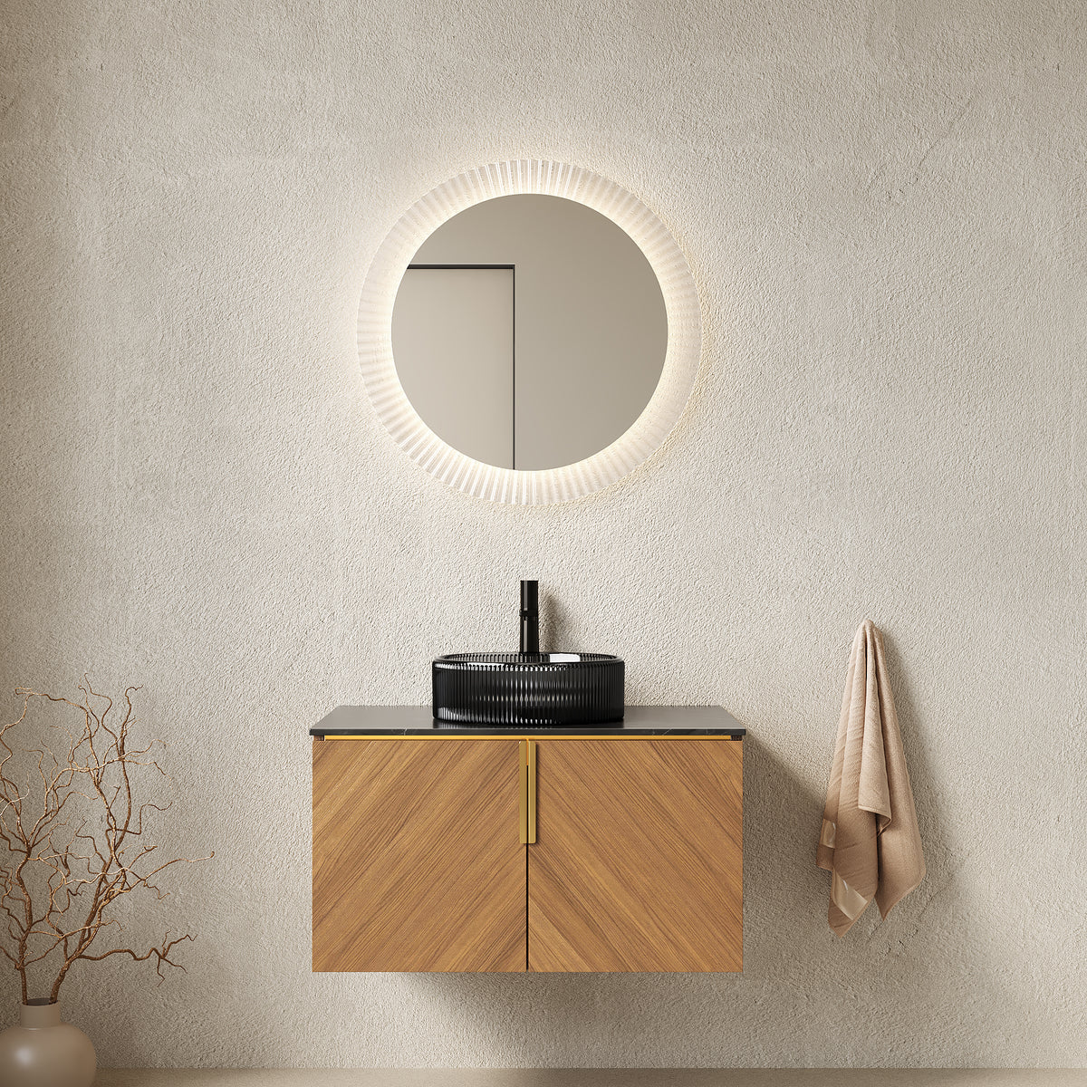 Anthony & Home Aria Collection wall-mount bath vanity with sleek design and sintered stone countertop.