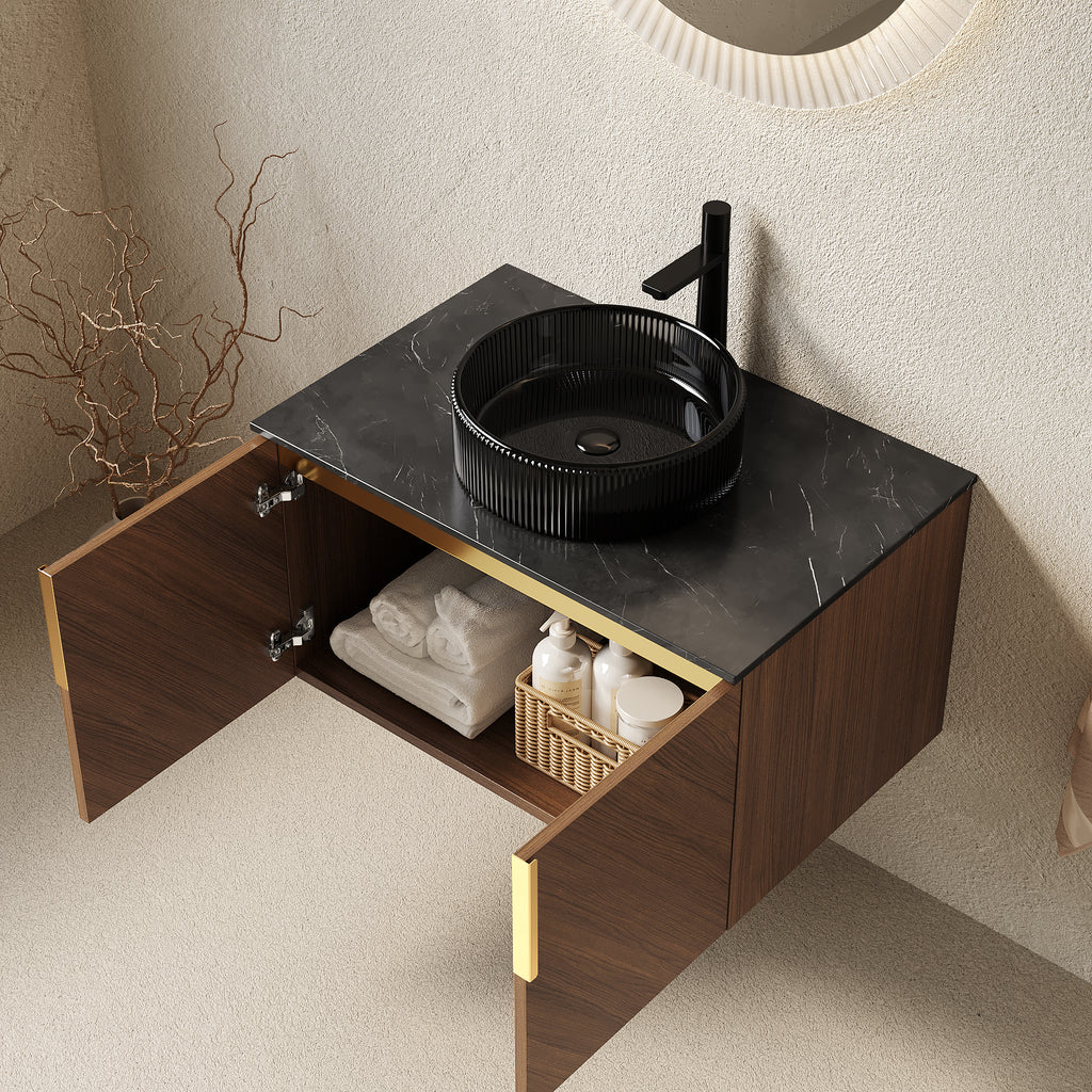 Anthony & Home Aria Collection wall-mount bath vanity with sintered stone countertop, sleek modern bathroom fixture.