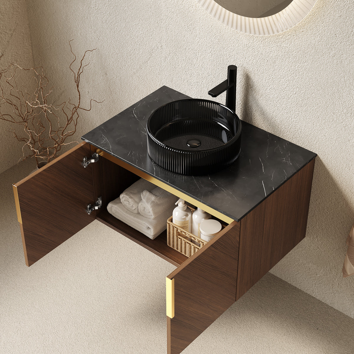 Anthony & Home Aria Collection wall-mount bath vanity with sintered stone countertop, sleek modern bathroom fixture.