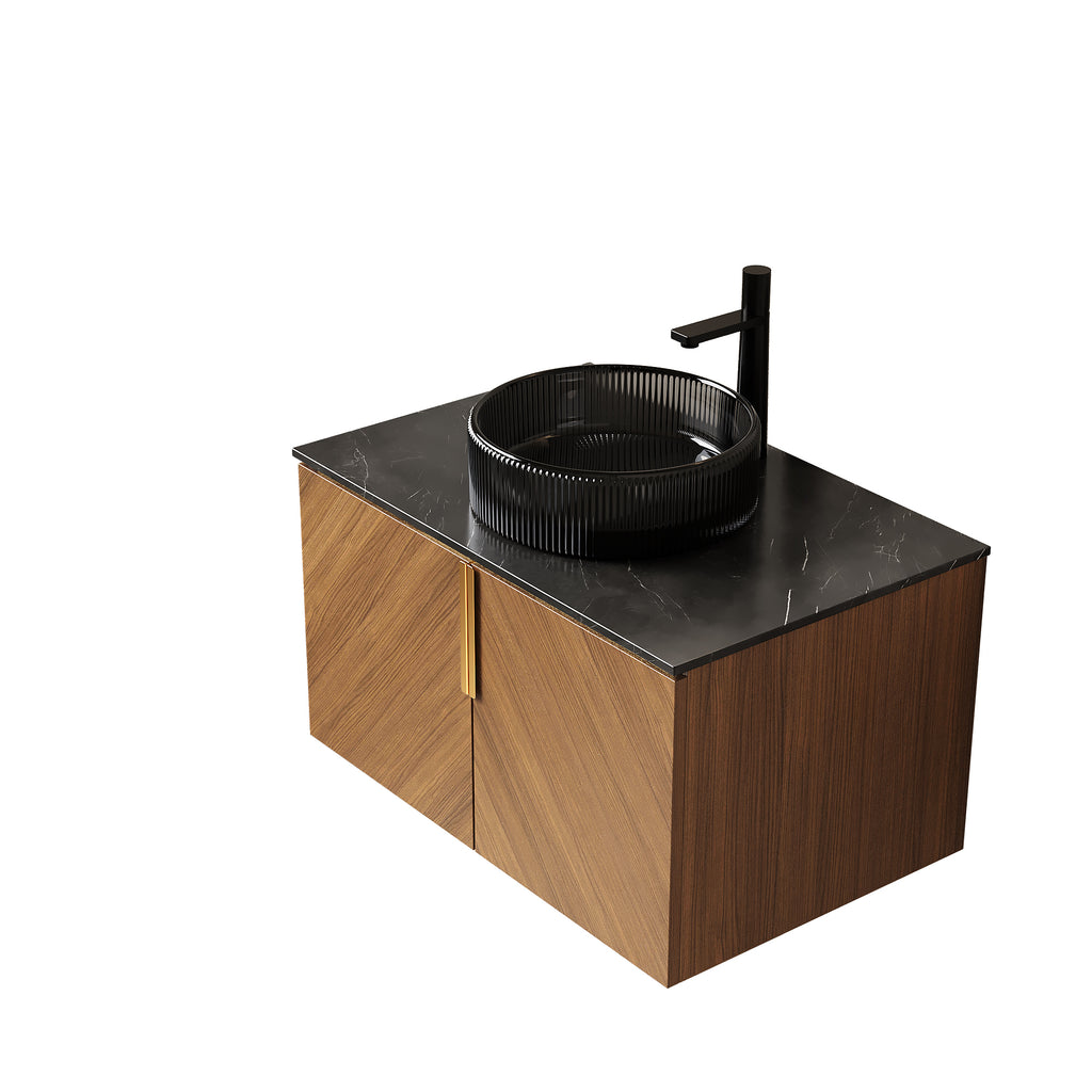 Anthony & Home Aria Collection wall-mount bath vanity with sleek design and sintered stone countertop, shown in modern bathroom setting.