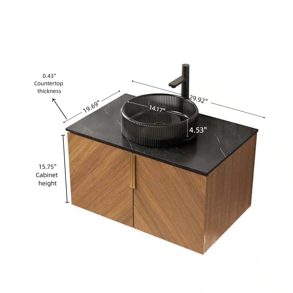 Anthony & Home Aria Collection wall-mount bath vanity with sintered stone countertop, featuring sleek modern design and clean lines.
