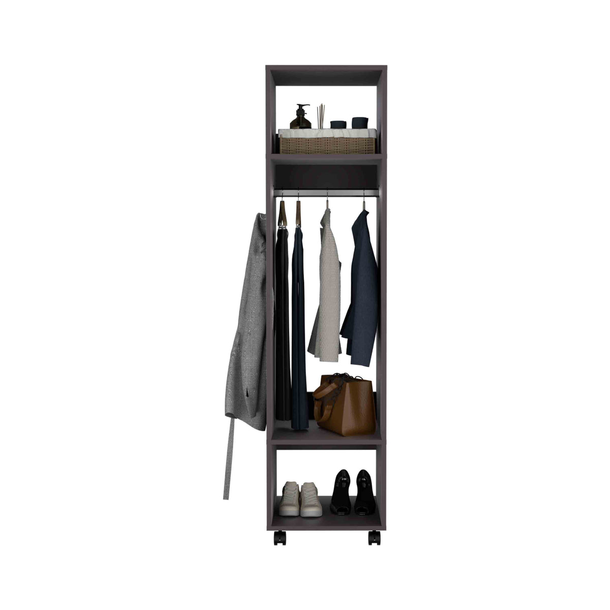 Black particle board armoire by Anthony & Home, exclusive edition with sleek design and storage space.