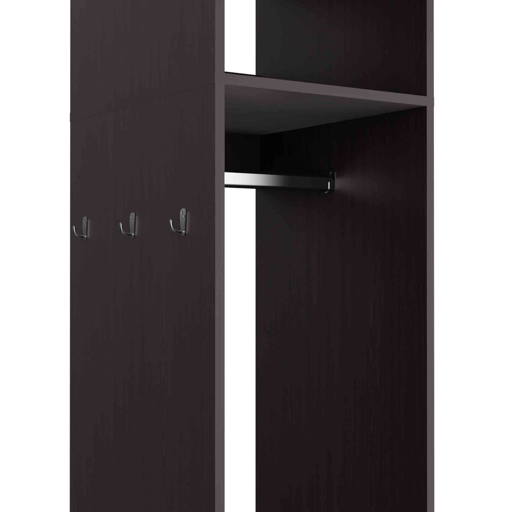 Black particle board armoire by Anthony & Home, exclusive edition, featuring sleek design and ample storage space.