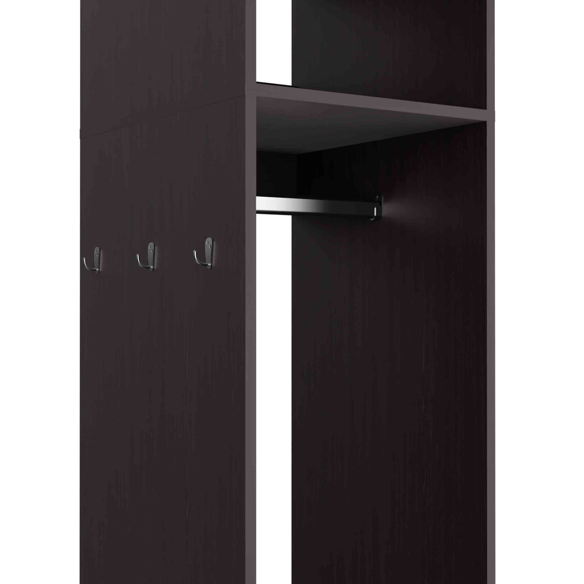 Black particle board armoire by Anthony & Home, exclusive edition, featuring sleek design and ample storage space.