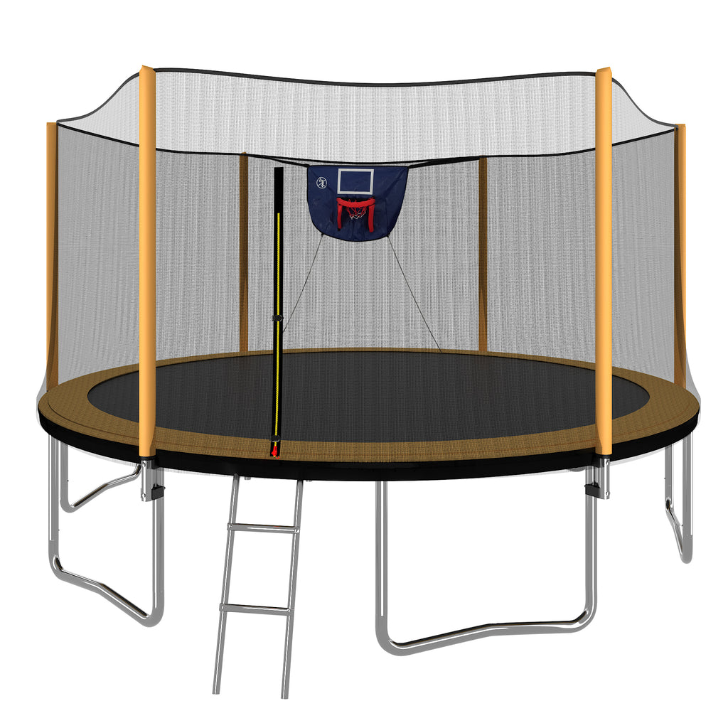 Anthony & Home 14-foot trampoline with tarpaulin cover and safety enclosure, showing the sturdy frame and jump surface.