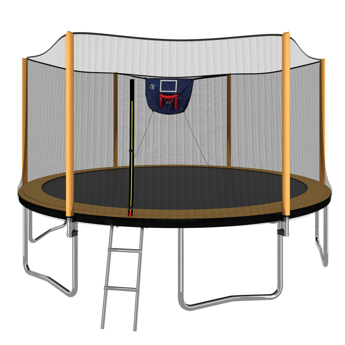 Anthony & Home 14-foot trampoline with tarpaulin cover and safety enclosure, showing the sturdy frame and jump surface.
