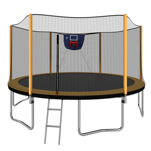 Anthony & Home Atelier 14-foot trampoline with tarpaulin cover and safety enclosure, outdoor bounce and jump activity equipment