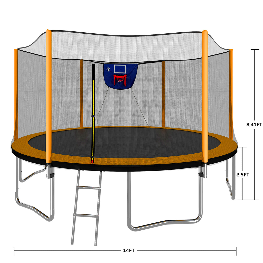 Anthony & Home 14-foot trampoline with tarpaulin cover and safety enclosure, showing the sturdy frame and jumping surface.