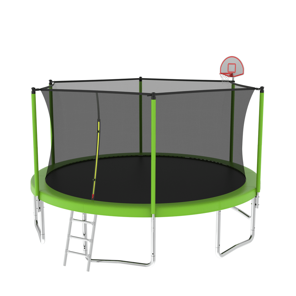 Anthony & Home Atelier 14-foot trampoline with galvanized steel frame and safety net for outdoor bouncing fun.