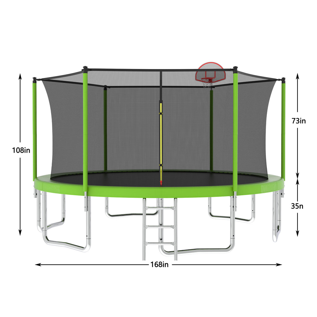 Anthony & Home 14-foot trampoline with galvanized steel frame and safety net, ideal for outdoor backyard bouncing fun.