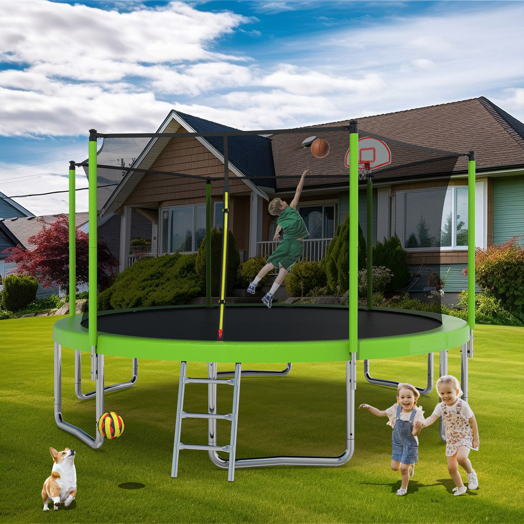 Anthony & Home 14-foot trampoline with galvanized steel frame and safety net, outdoor recreational trampoline for kids and adults.
