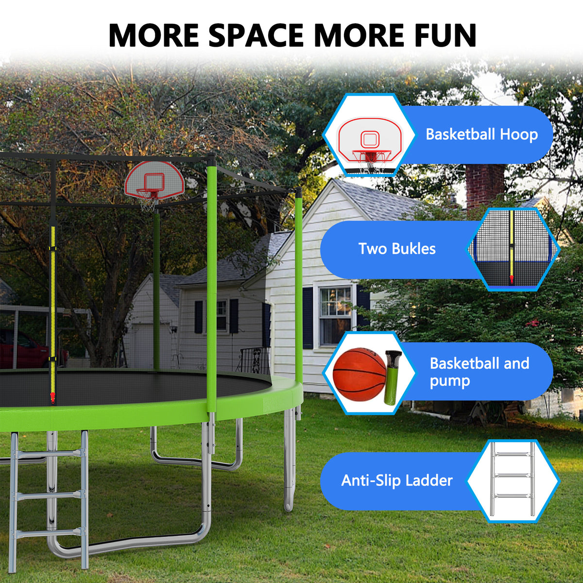 Anthony & Home Atelier 14-foot trampoline with galvanized steel frame and safety net for outdoor bouncing fun.