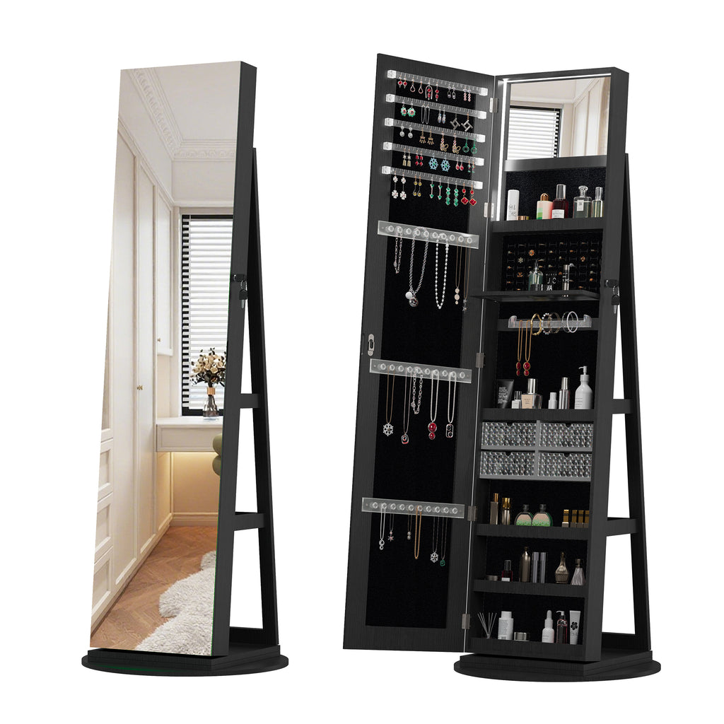 Anthony & Home Atelier 360-degree rotating jewelry cabinet with HD mirror, showing organized jewelry storage and sleek design.