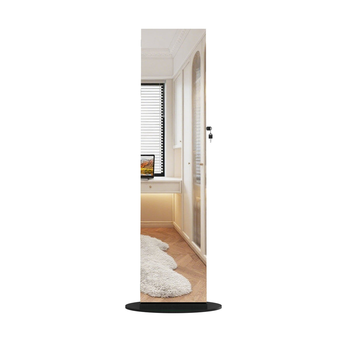 Anthony & Home Atelier 360-degree rotating jewelry cabinet with HD mirror, showcasing a sleek, functional jewelry storage solution.