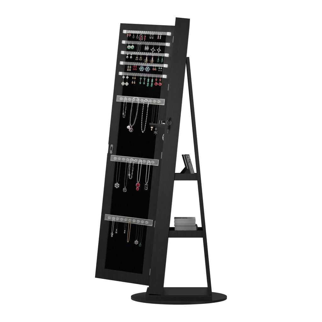 Anthony & Home Atelier 360-degree rotating jewelry cabinet with HD mirror, showing its elegant design and multiple storage compartments.