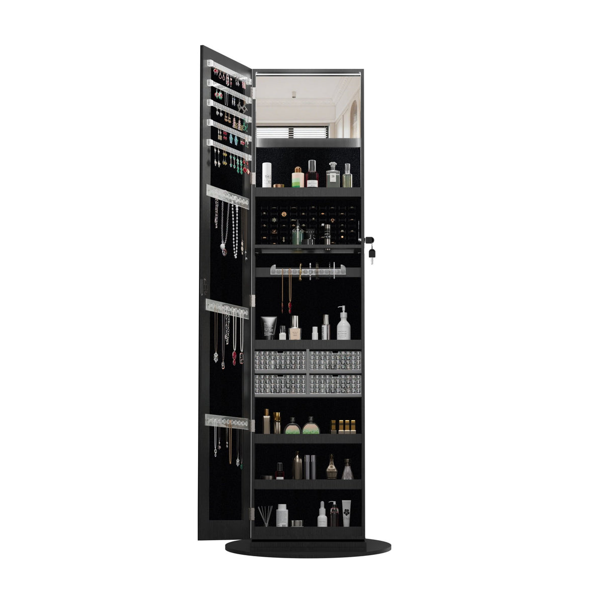 Anthony & Home Atelier 360-degree rotating jewelry cabinet with HD mirror, showcasing its sleek design and ample storage space.