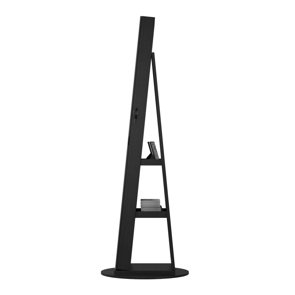 Anthony & Home Atelier 360-degree rotating jewelry cabinet with HD mirror, showcasing its sleek design and multiple storage compartments.