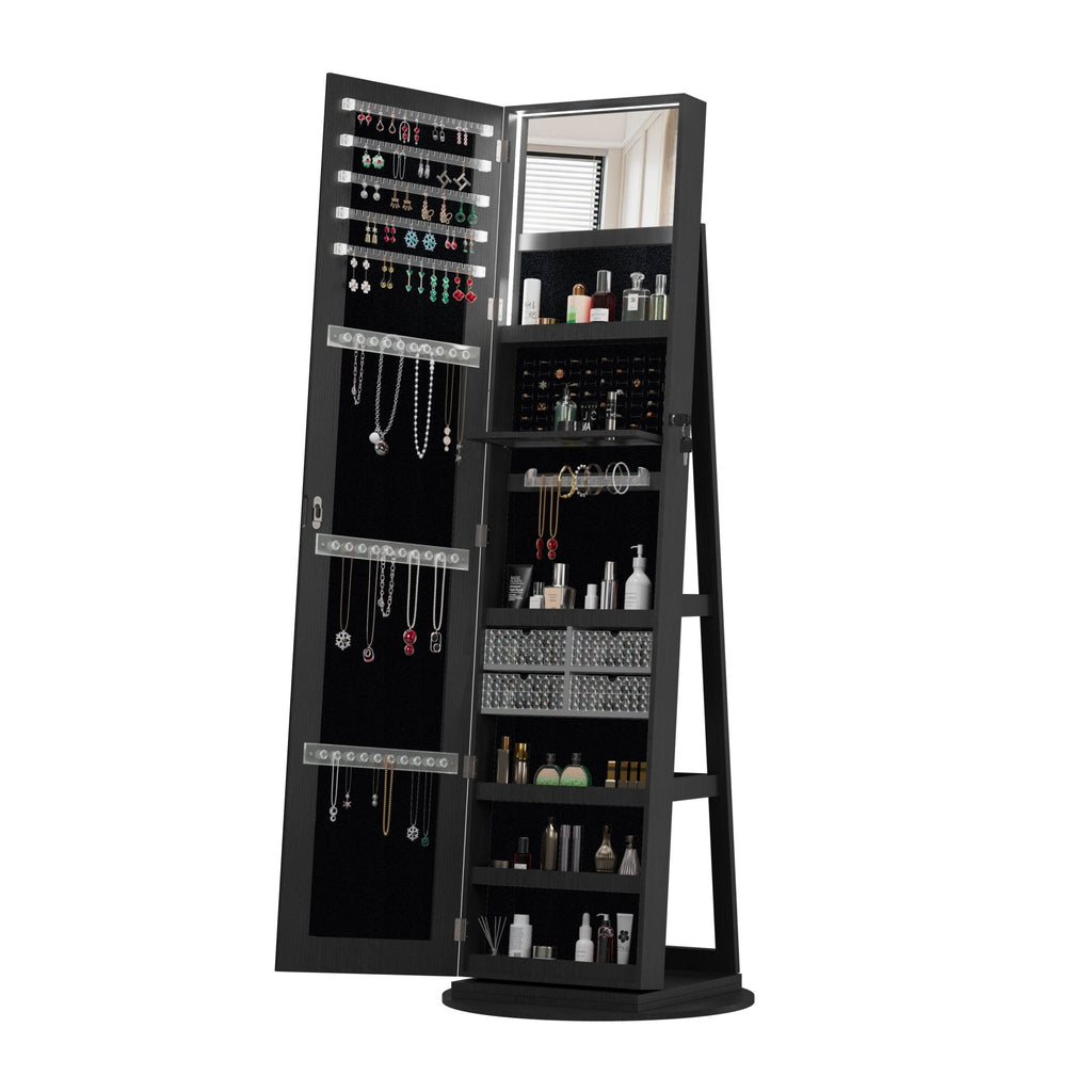 Anthony & Home Atelier 360-degree rotating jewelry cabinet with HD mirror, showcasing its sleek design and spacious storage.