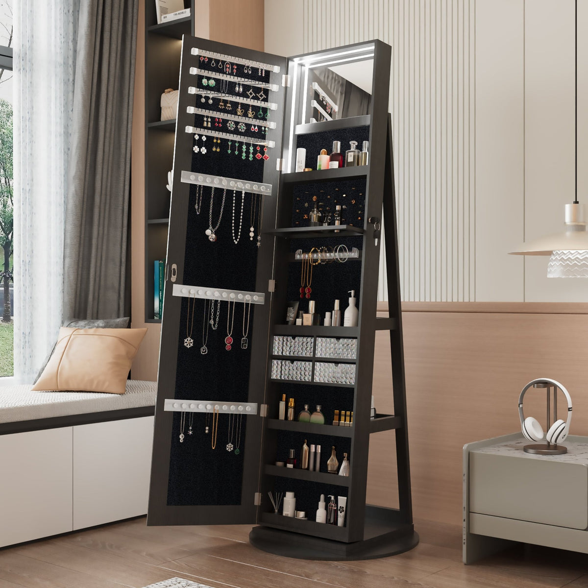 Anthony & Home Atelier 360-degree rotating jewelry cabinet with HD mirror, showcasing its elegant design and ample storage space.