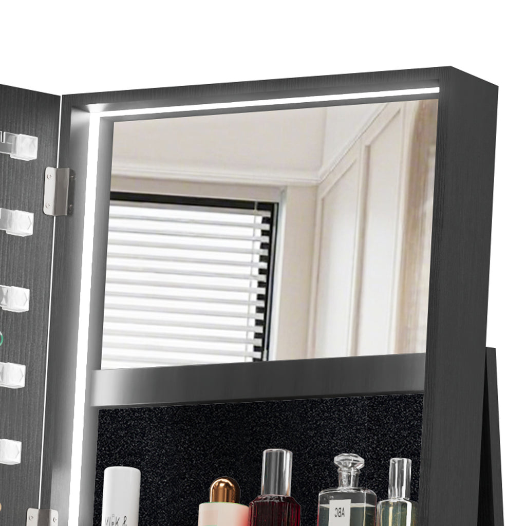 Anthony & Home Atelier 360-degree rotating jewelry cabinet with HD mirror, showing a sleek, black storage unit with multiple compartments
